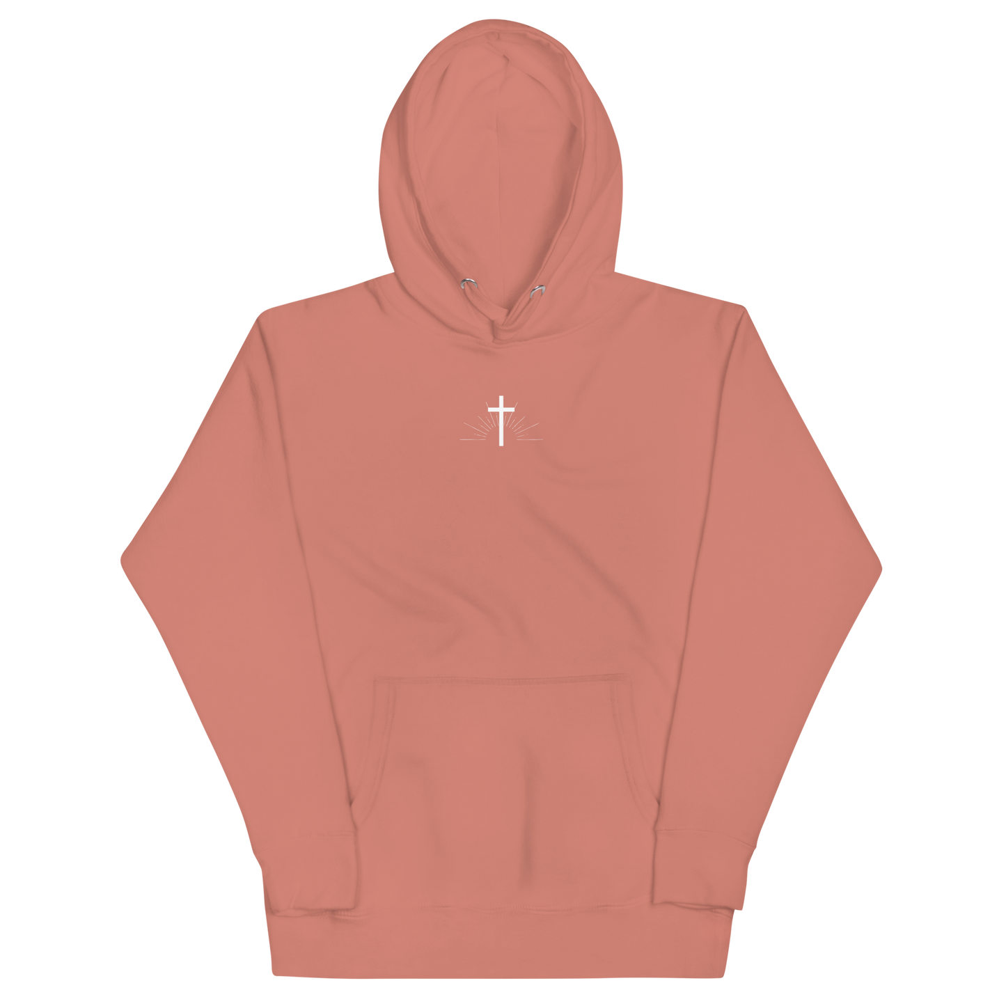 sunrise behind a cross hoodie