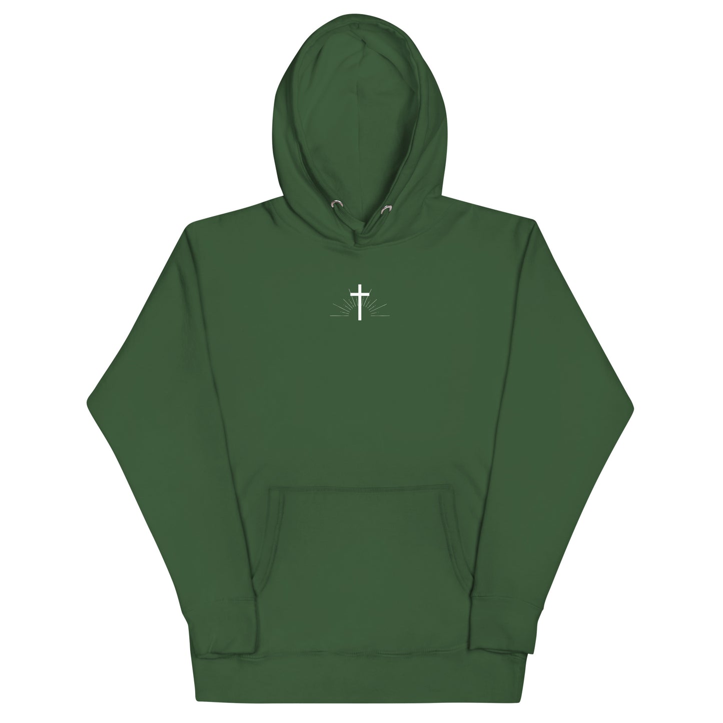 sunrise behind a cross hoodie